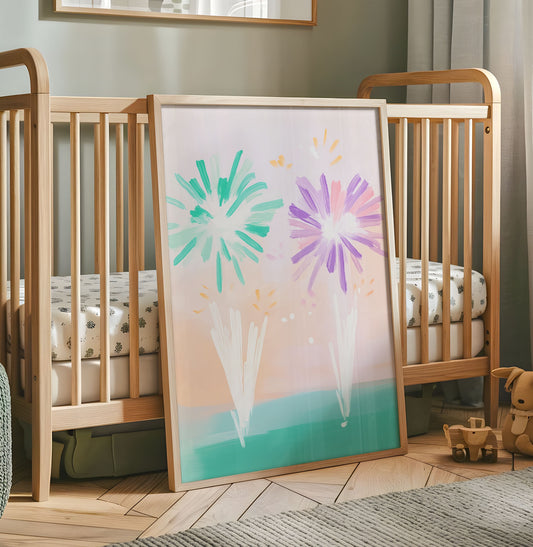 Pastel abstract flower nursery wall art with mint green and purple brushstroke blooms