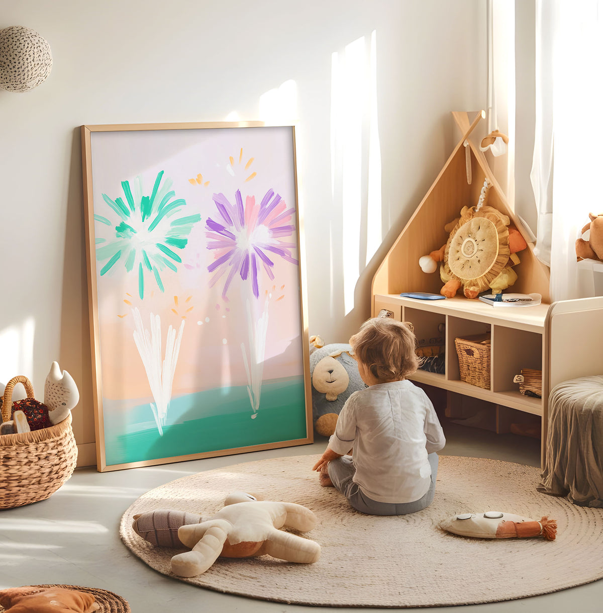 Pastel abstract floral nursery print displayed in a bright child's room