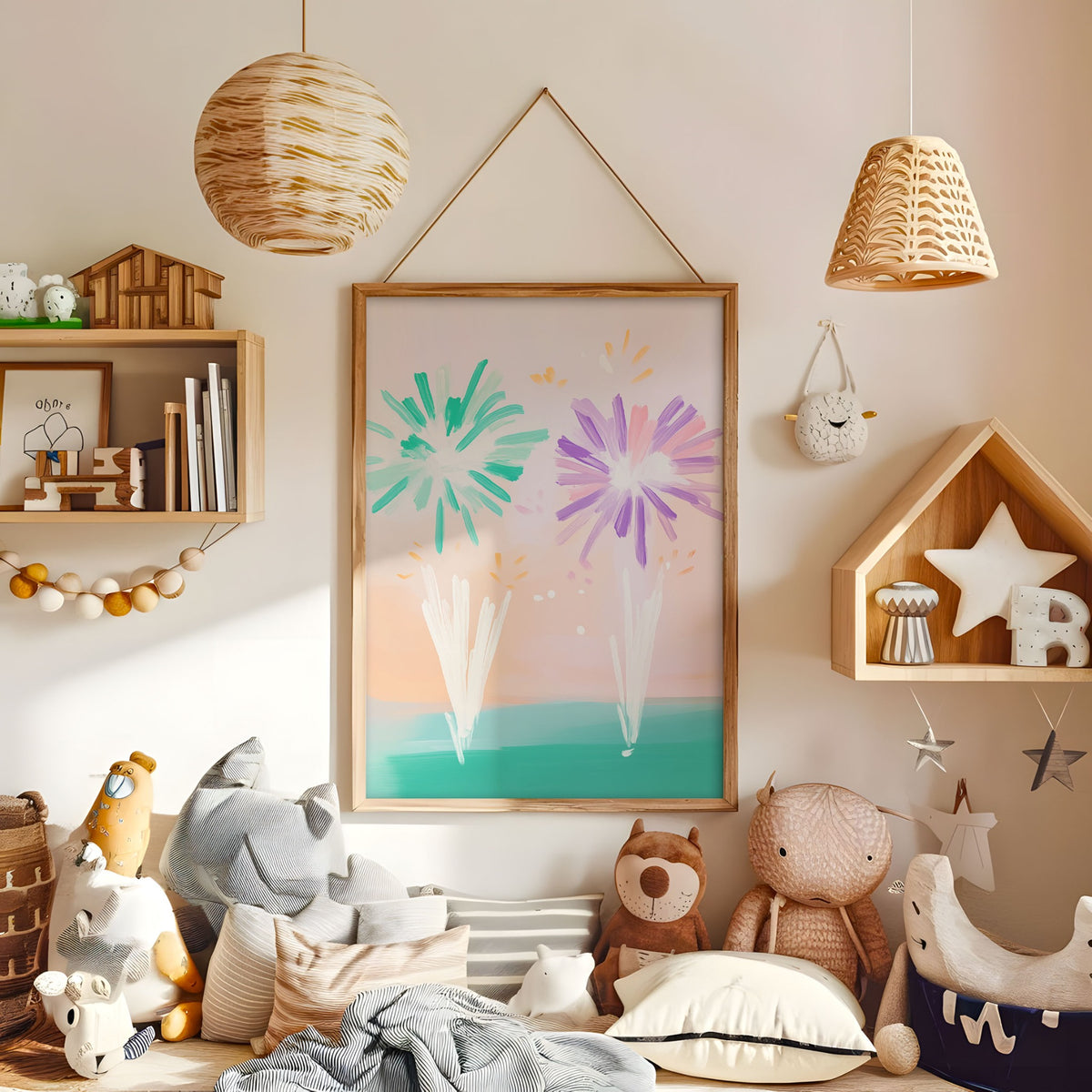 Colourful abstract flower wall art displayed in a warm kids bedroom