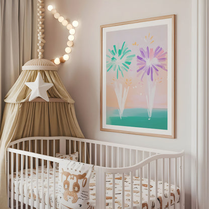 Pastel abstract floral nursery wall art displayed above a cot