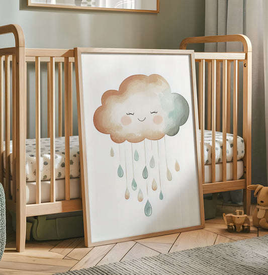Pastel rainbow nursery wall art with pink and gold arches, sleepy clouds and gold stars