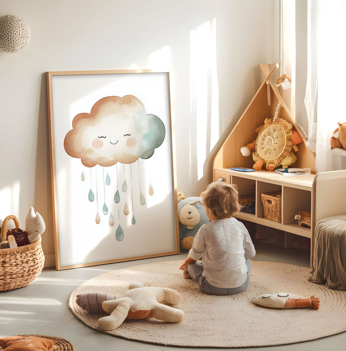 Pastel rainbow nursery print displayed in a bright child's room