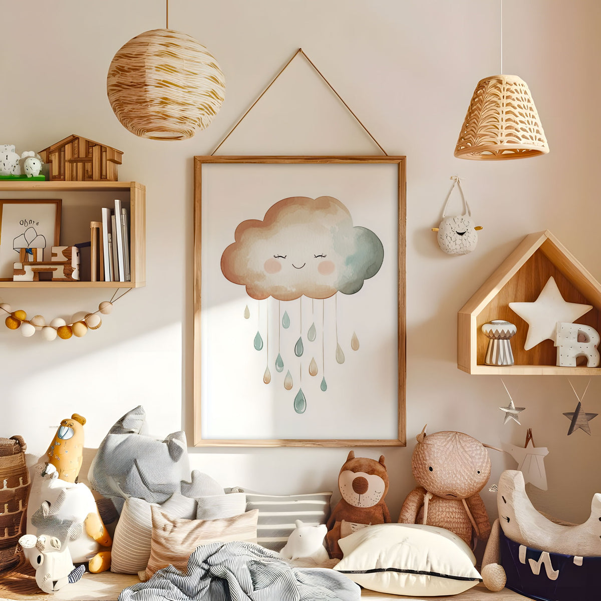 Pink and gold rainbow nursery wall art displayed in a warm kids bedroom
