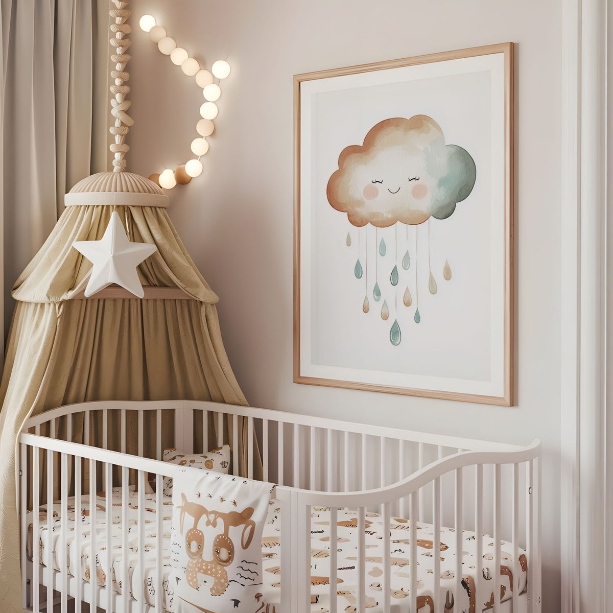 Pastel rainbow and stars nursery wall art displayed above a cot