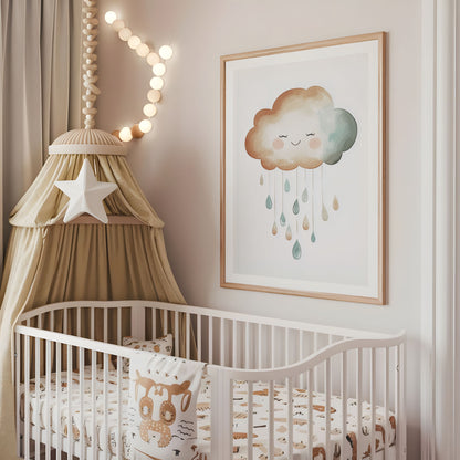 Pastel rainbow and stars nursery wall art displayed above a cot