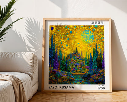 Yayoi Kusama Inspired Golden Fantasy Forest Print | Japanese Polka Dot Wall Art