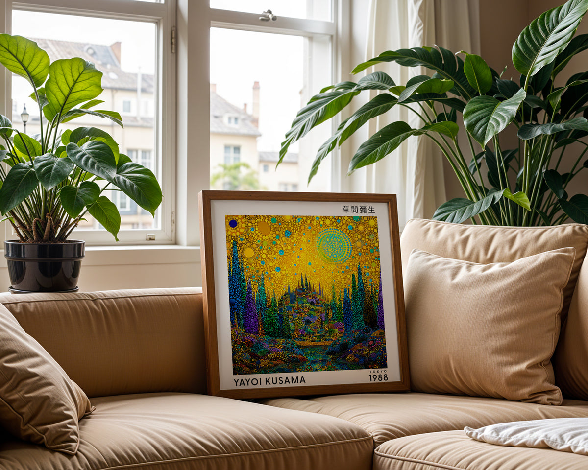 Yayoi Kusama Inspired Golden Fantasy Forest Print | Japanese Polka Dot Wall Art