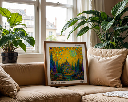 Yayoi Kusama Inspired Golden Fantasy Forest Print | Japanese Polka Dot Wall Art
