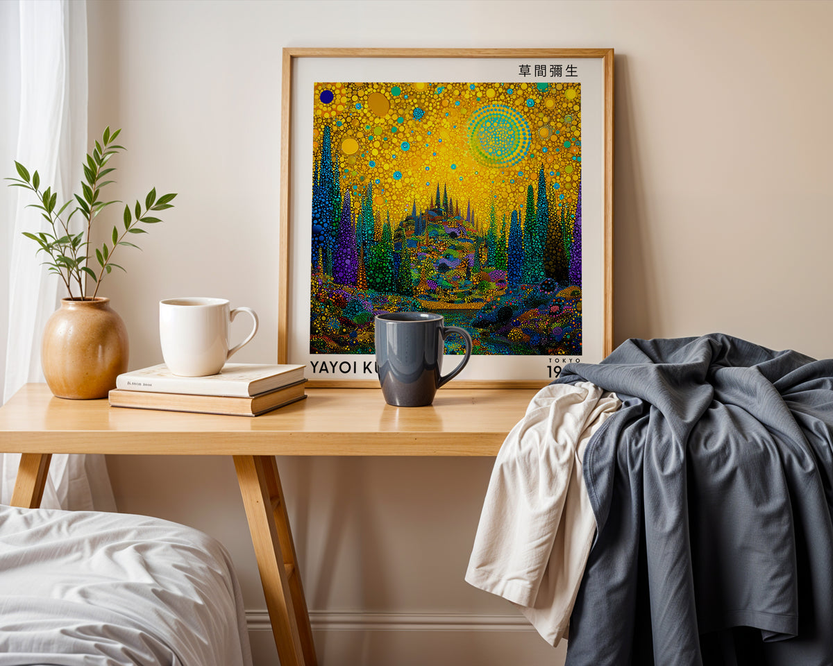 Yayoi Kusama Inspired Golden Fantasy Forest Print | Japanese Polka Dot Wall Art