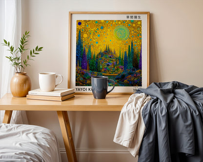 Yayoi Kusama Inspired Golden Fantasy Forest Print | Japanese Polka Dot Wall Art