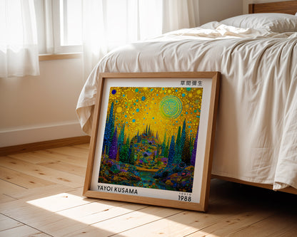 Yayoi Kusama Inspired Golden Fantasy Forest Print | Japanese Polka Dot Wall Art