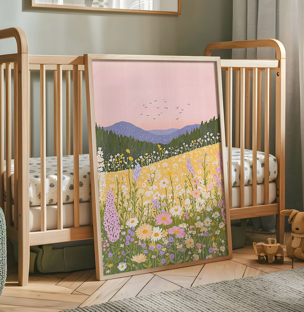 Smiling watercolor rain cloud nursery wall art with pastel blue, green and beige raindrops