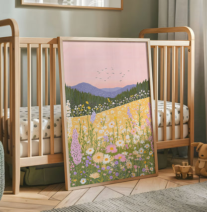 Smiling watercolor rain cloud nursery wall art with pastel blue, green and beige raindrops