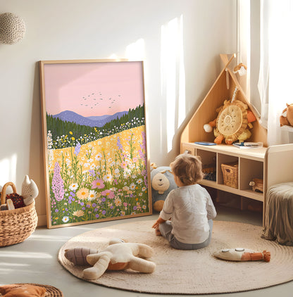 Cute smiling rain cloud nursery print displayed in a bright child's room