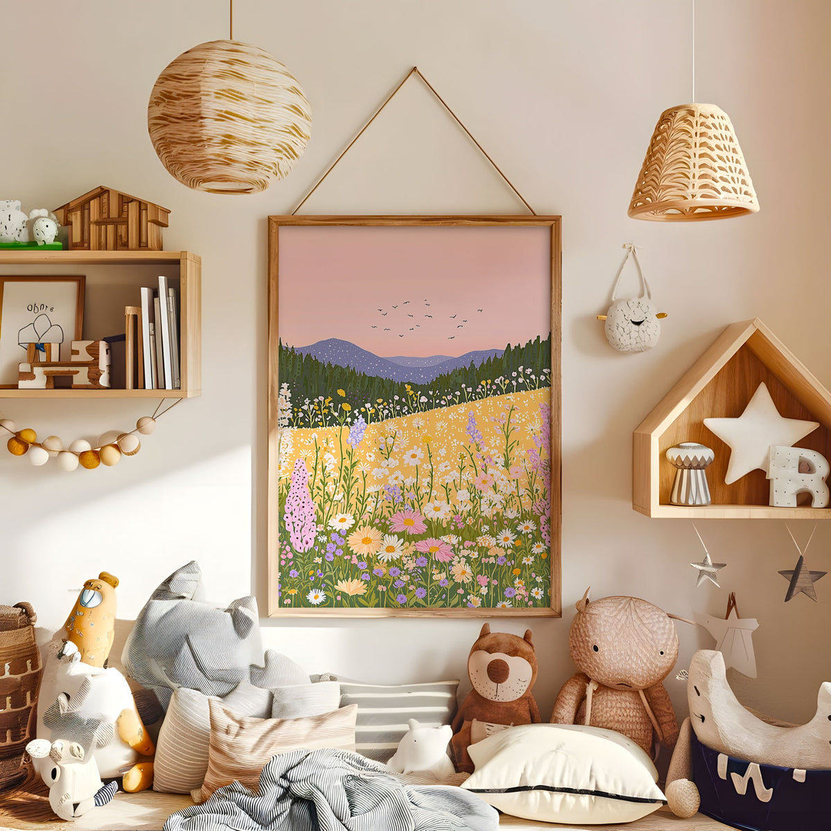 Pastel watercolor rain cloud wall art displayed in a warm kids bedroom