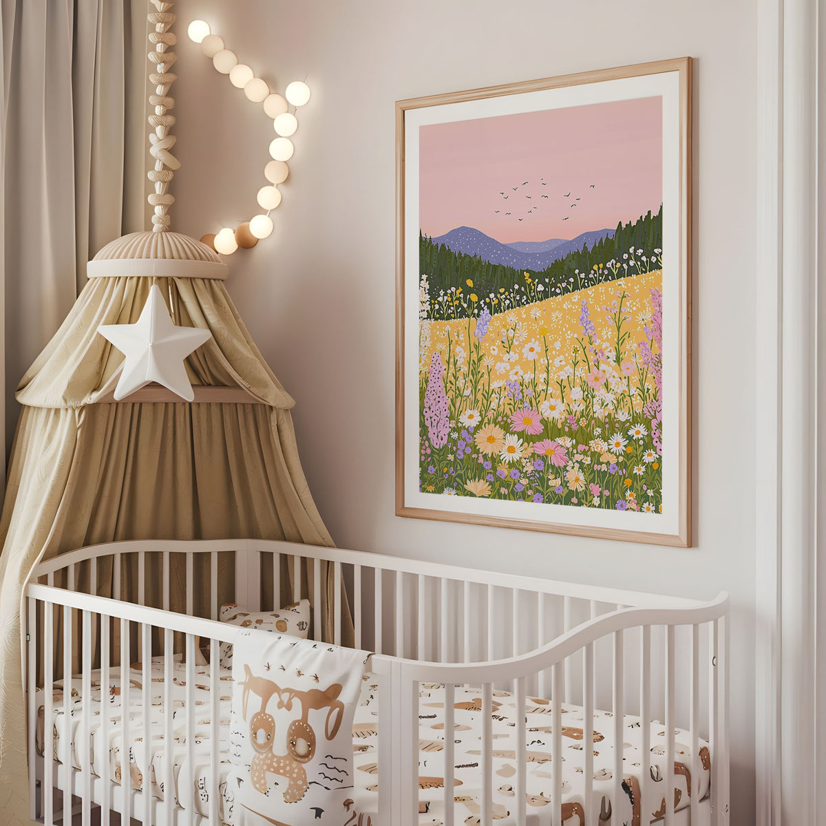 Smiling watercolor rain cloud nursery wall art displayed above a cot