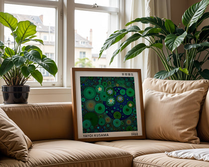 Yayoi Kusama Inspired Green Lotus Pond Print | Japanese Polka Dot Wall Art