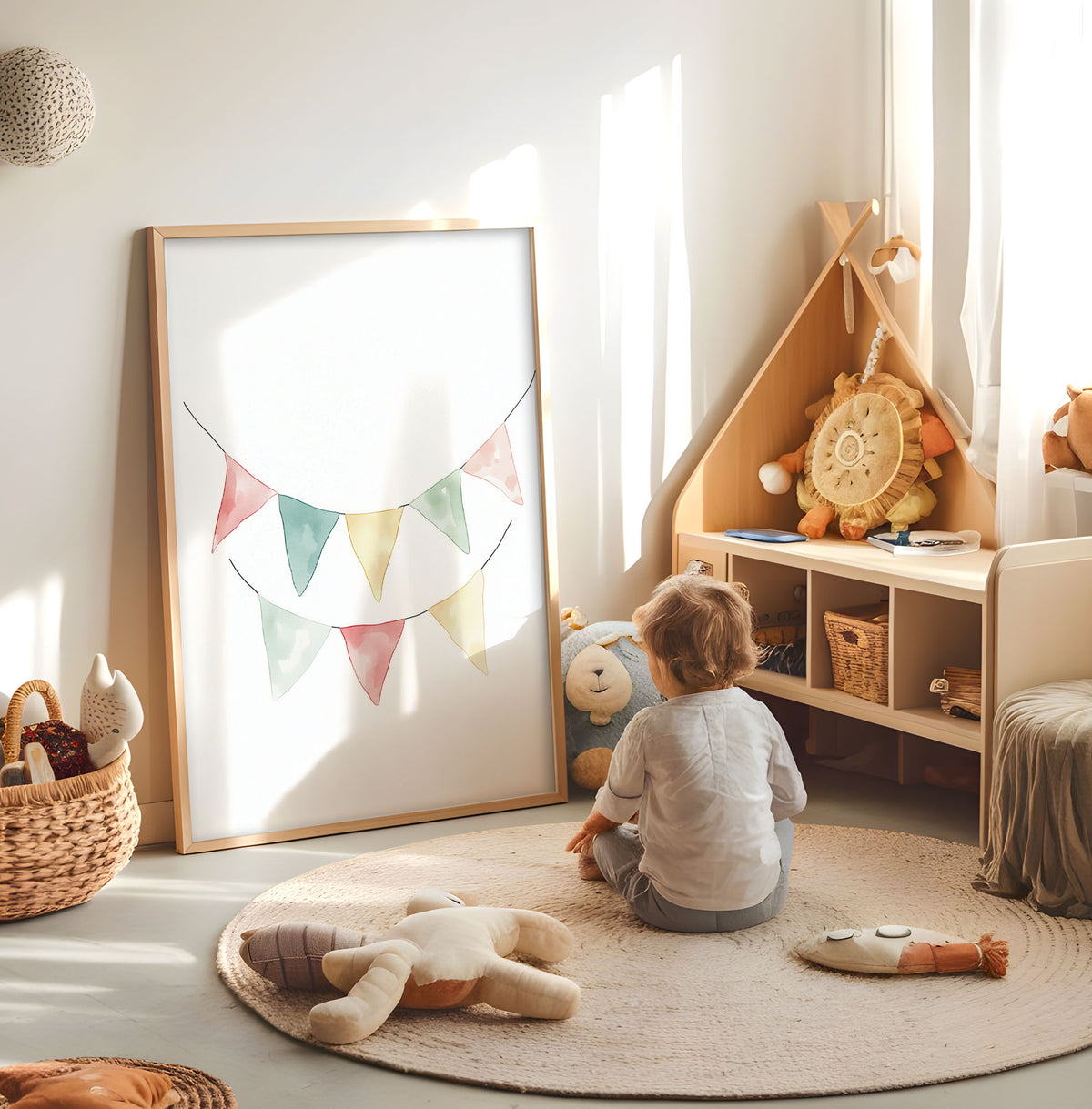 Wildflower meadow nursery print displayed in a bright child's room