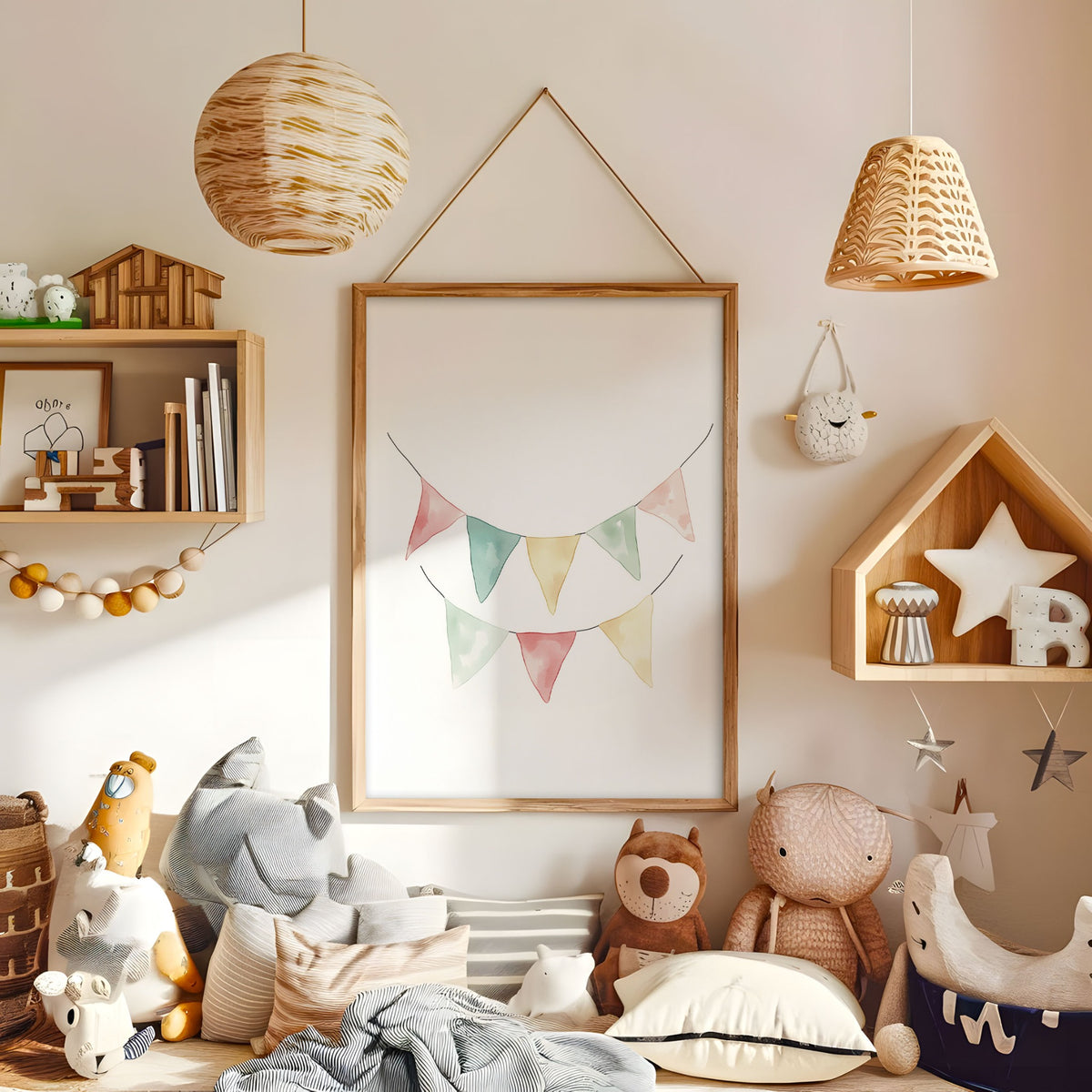 Colourful mountain wildflower landscape wall art displayed in a warm kids bedroom