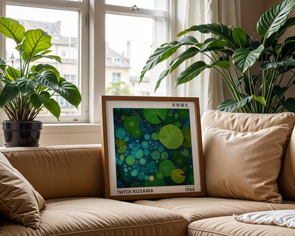 Yayoi Kusama Inspired Green Lily Pad Pond Print | Japanese Botanical Polka Dot Wall Art
