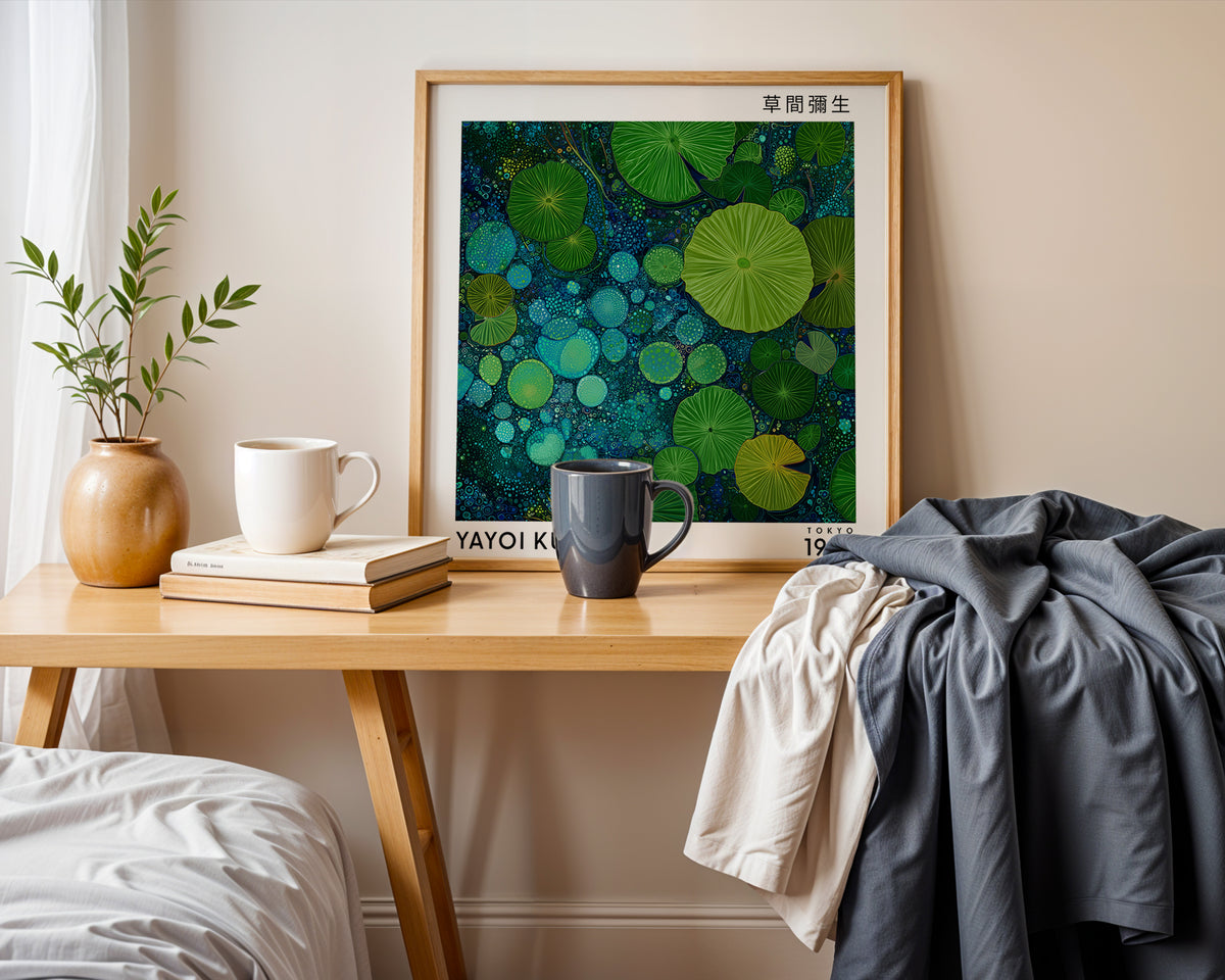Yayoi Kusama Inspired Green Lily Pad Pond Print | Japanese Botanical Polka Dot Wall Art