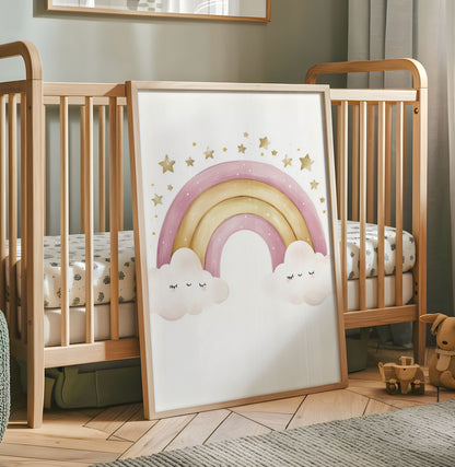 Pastel watercolor bunting nursery wall art with pink, mint green, yellow and blue flags
