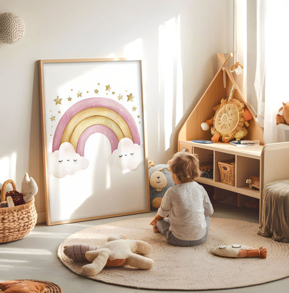 Pastel bunting nursery print displayed in a bright child's room