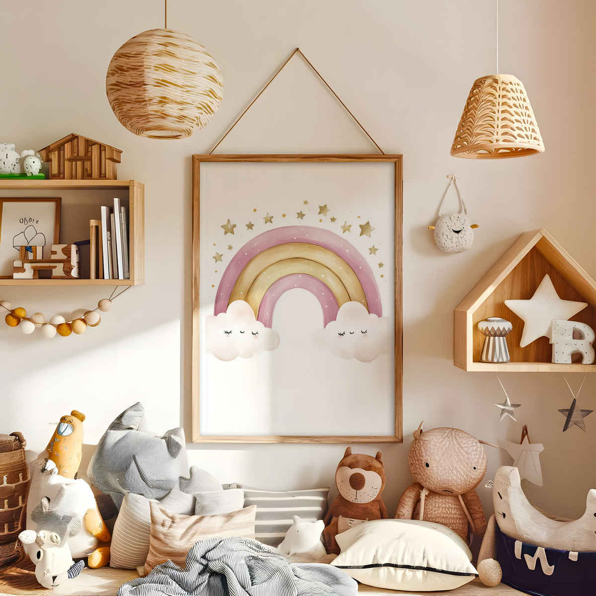 Watercolor pastel bunting wall art displayed in a warm kids bedroom