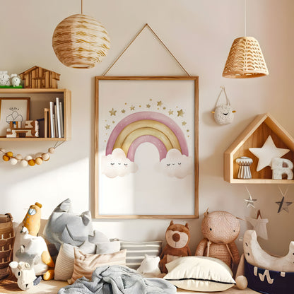 Watercolor pastel bunting wall art displayed in a warm kids bedroom
