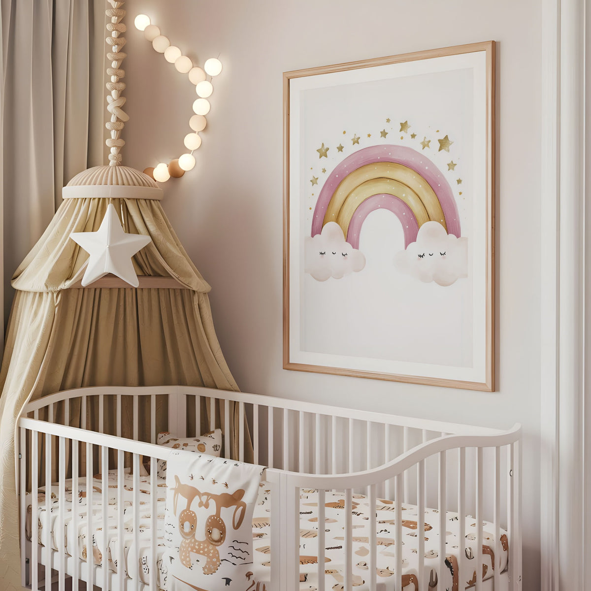 Pastel watercolor bunting nursery wall art displayed above a cot