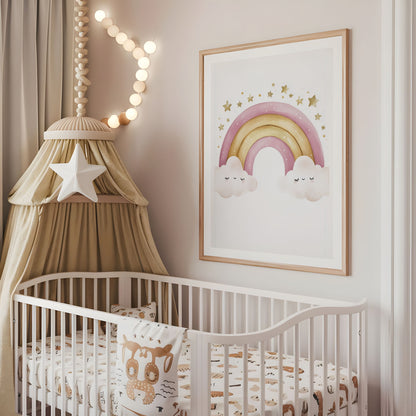 Pastel watercolor bunting nursery wall art displayed above a cot