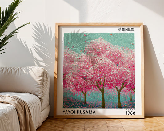 Yayoi Kusama Inspired Pink Cherry Blossom Print | Japanese Botanical Polka Dot Wall Art