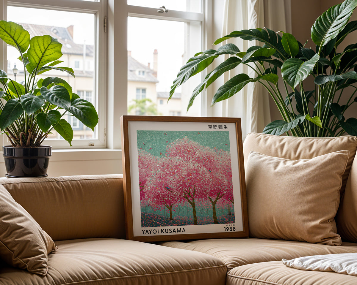 Yayoi Kusama Inspired Pink Cherry Blossom Print | Japanese Botanical Polka Dot Wall Art