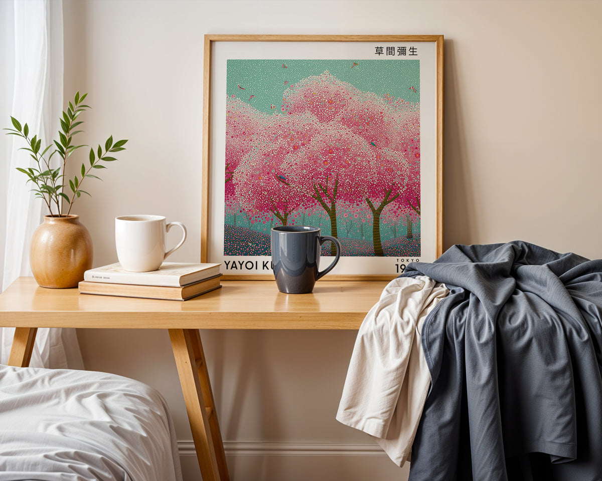 Yayoi Kusama Inspired Pink Cherry Blossom Print | Japanese Botanical Polka Dot Wall Art