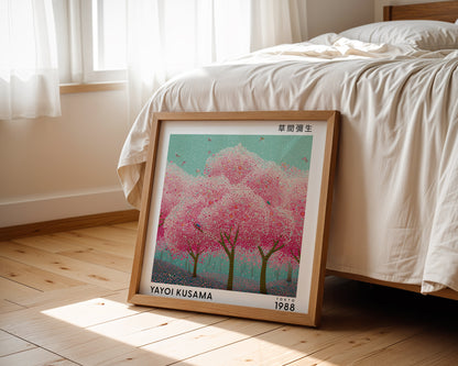 Yayoi Kusama Inspired Pink Cherry Blossom Print | Japanese Botanical Polka Dot Wall Art