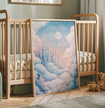 Pastel fairytale castle nursery print with pink clouds moon and stars