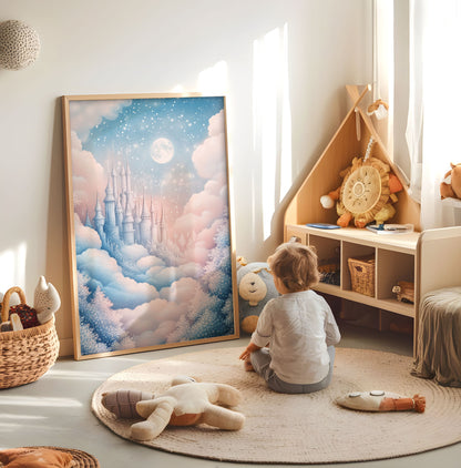 Pastel fairytale castle nursery wall art displayed in a bright child room