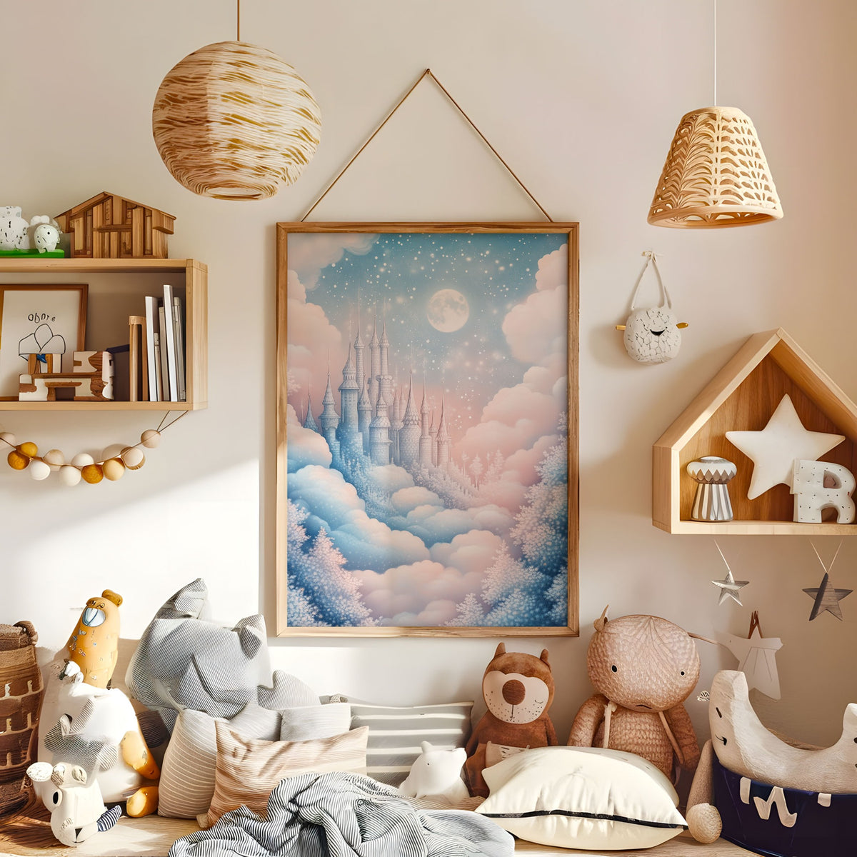 Fairytale castle moon and clouds nursery print displayed in a warm kids bedroom