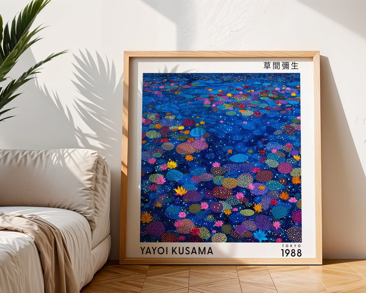 Yayoi Kusama Inspired Blue Lotus Pond Print | Japanese Botanical Polka Dot Wall Art