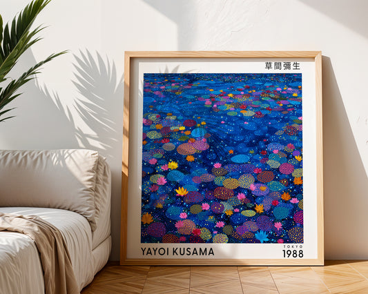 Yayoi Kusama Inspired Blue Lotus Pond Print | Japanese Botanical Polka Dot Wall Art