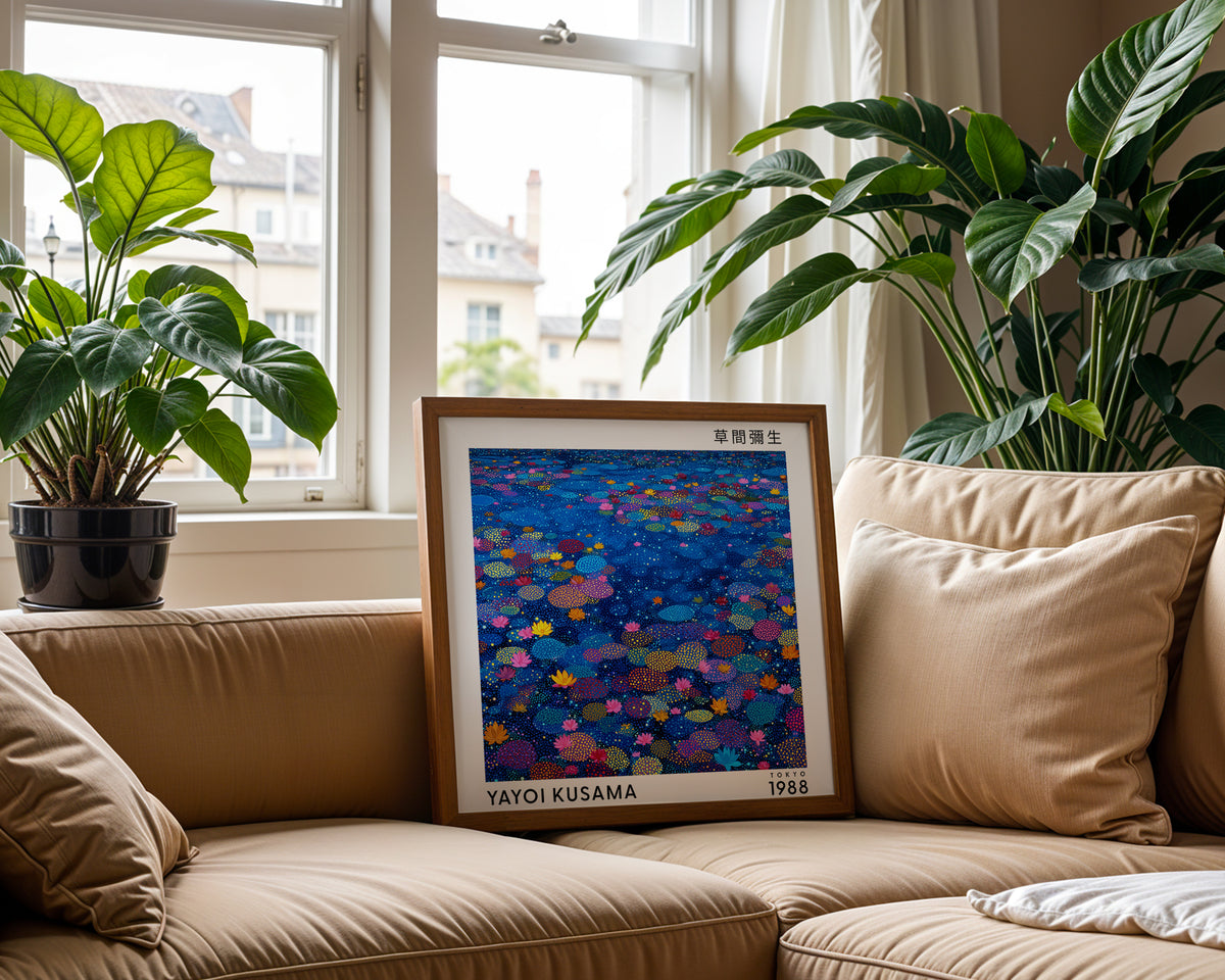 Yayoi Kusama Inspired Blue Lotus Pond Print | Japanese Botanical Polka Dot Wall Art