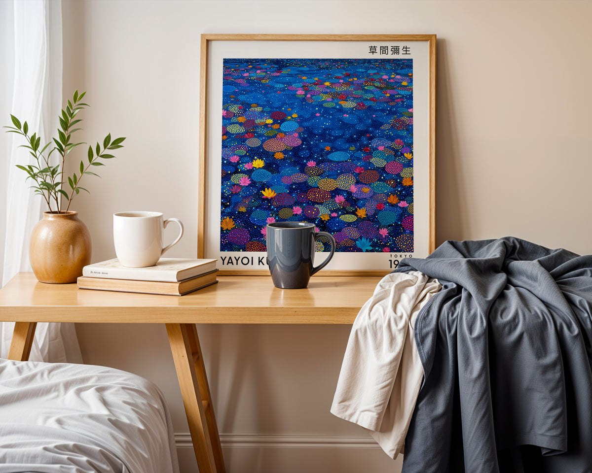 Yayoi Kusama Inspired Blue Lotus Pond Print | Japanese Botanical Polka Dot Wall Art