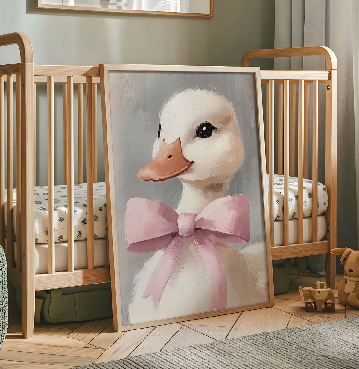 Cute white duck nursery print with pink bow on soft grey background
