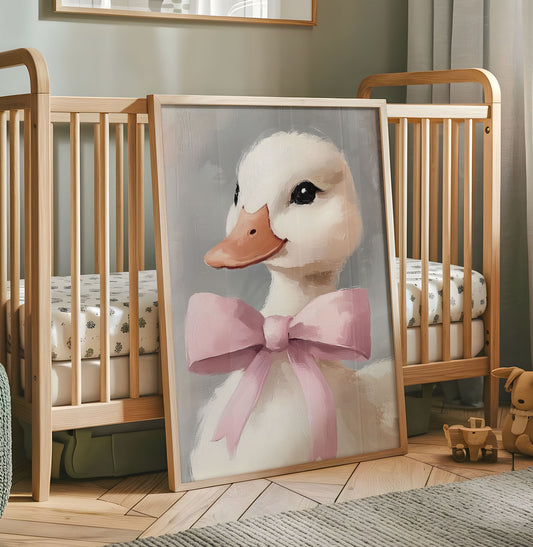 Cute white duck nursery print with pink bow on soft grey background