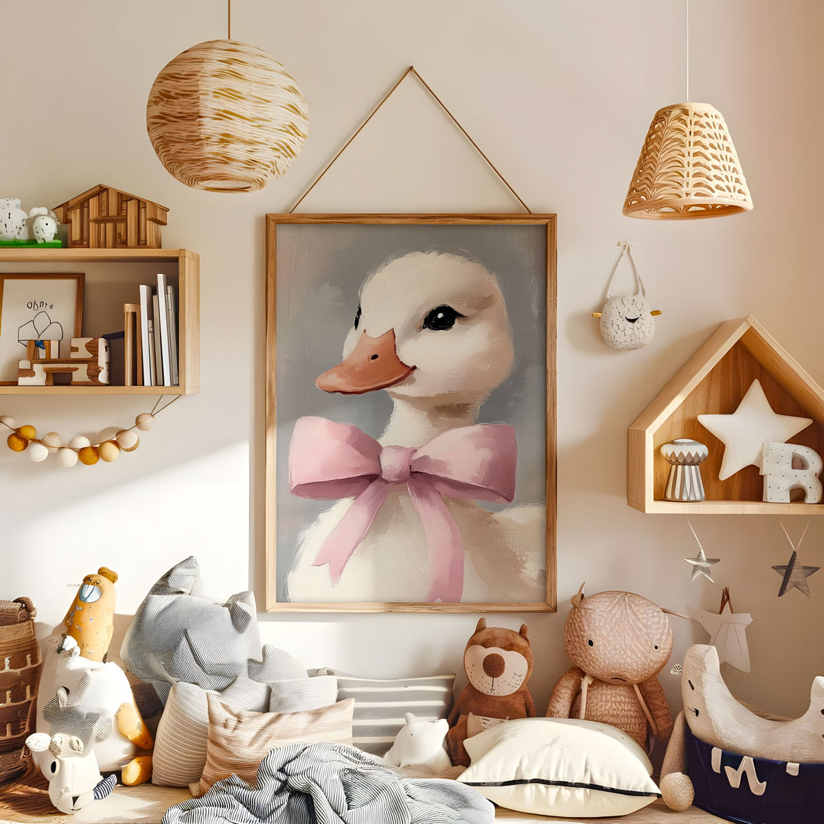 Cute duck portrait nursery print with pink bow displayed in a warm kids bedroom