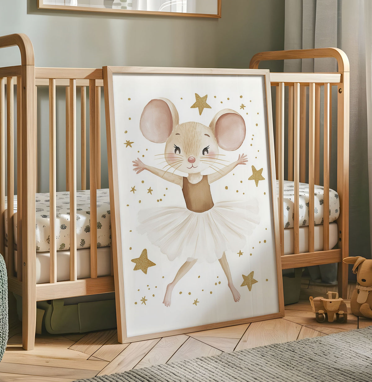 Ballerina mouse nursery print with white tutu and gold stars