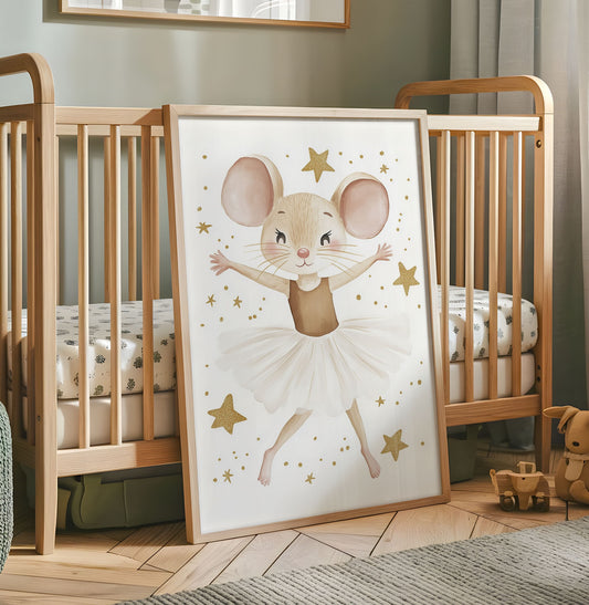 Ballerina mouse nursery print with white tutu and gold stars