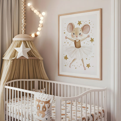 Mouse ballerina with gold stars nursery wall art displayed above a cot