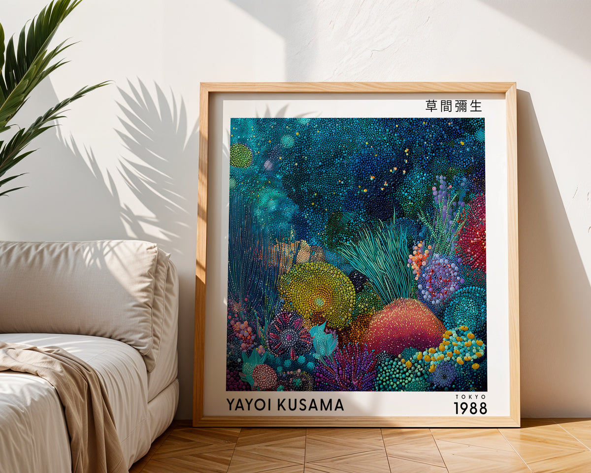 Yayoi Kusama Inspired Underwater Coral Garden Print | Japanese Polka Dot Wall Art