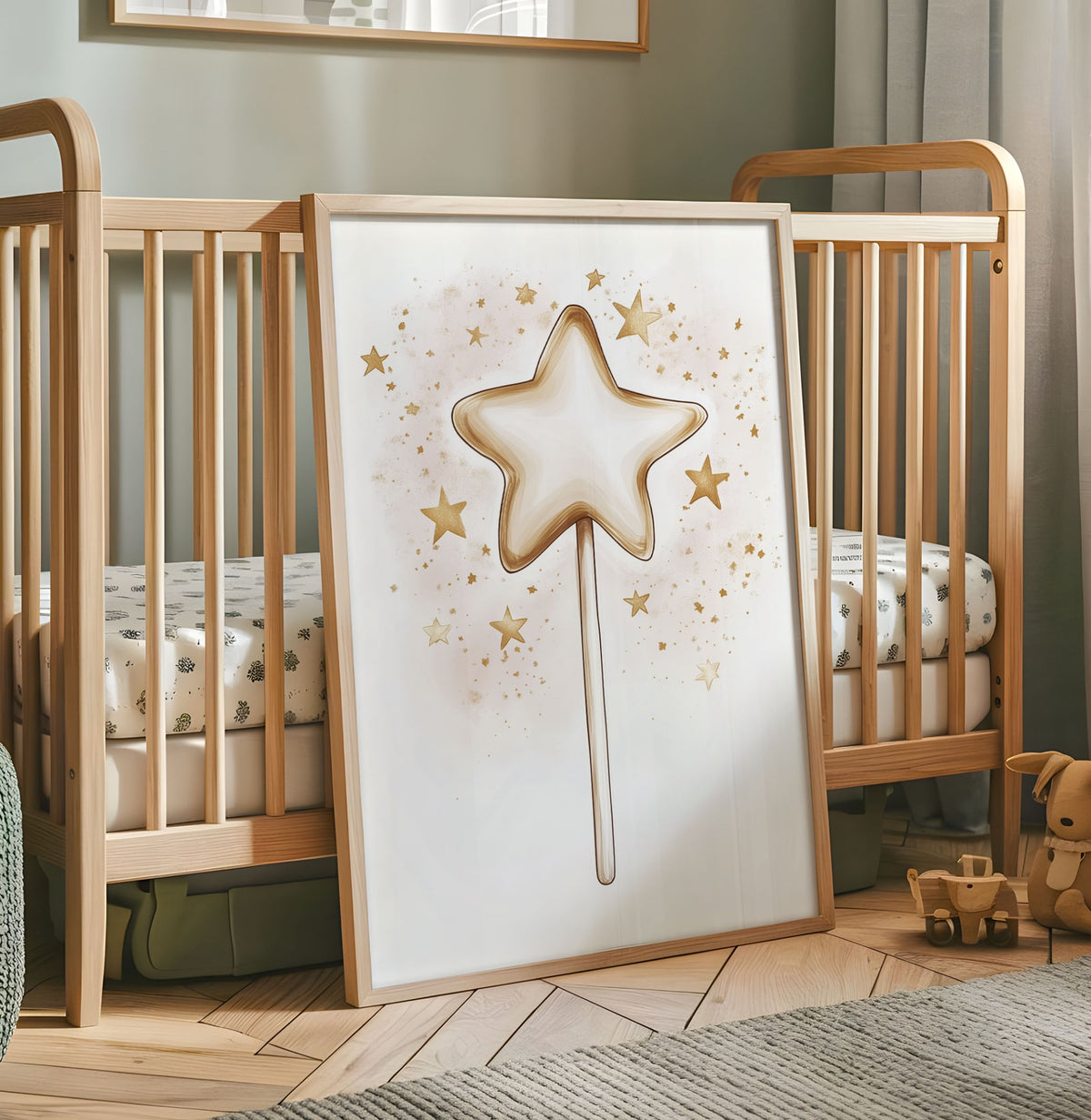 Magic star wand nursery print with gold stars on a soft cream background
